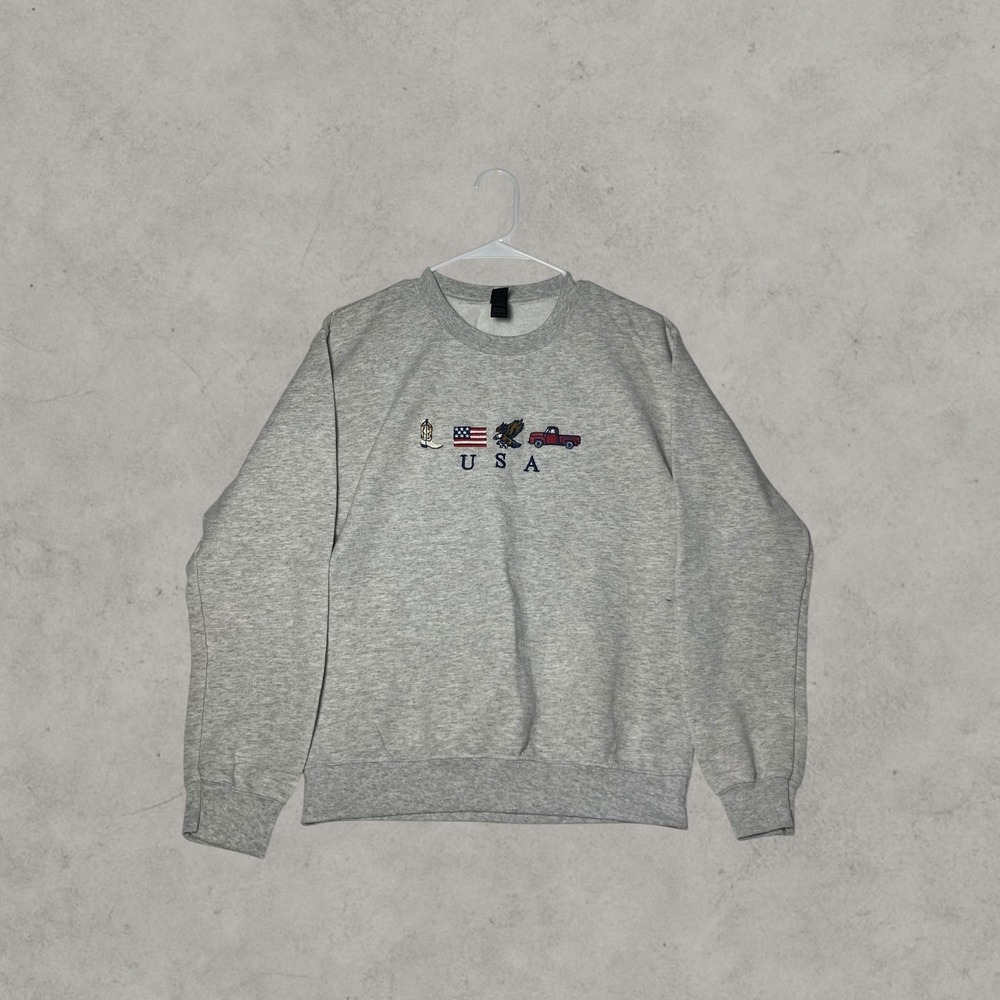Gildan Heavy Blend USA Embroidered Sweatshirt Gray Crewneck Small Americana